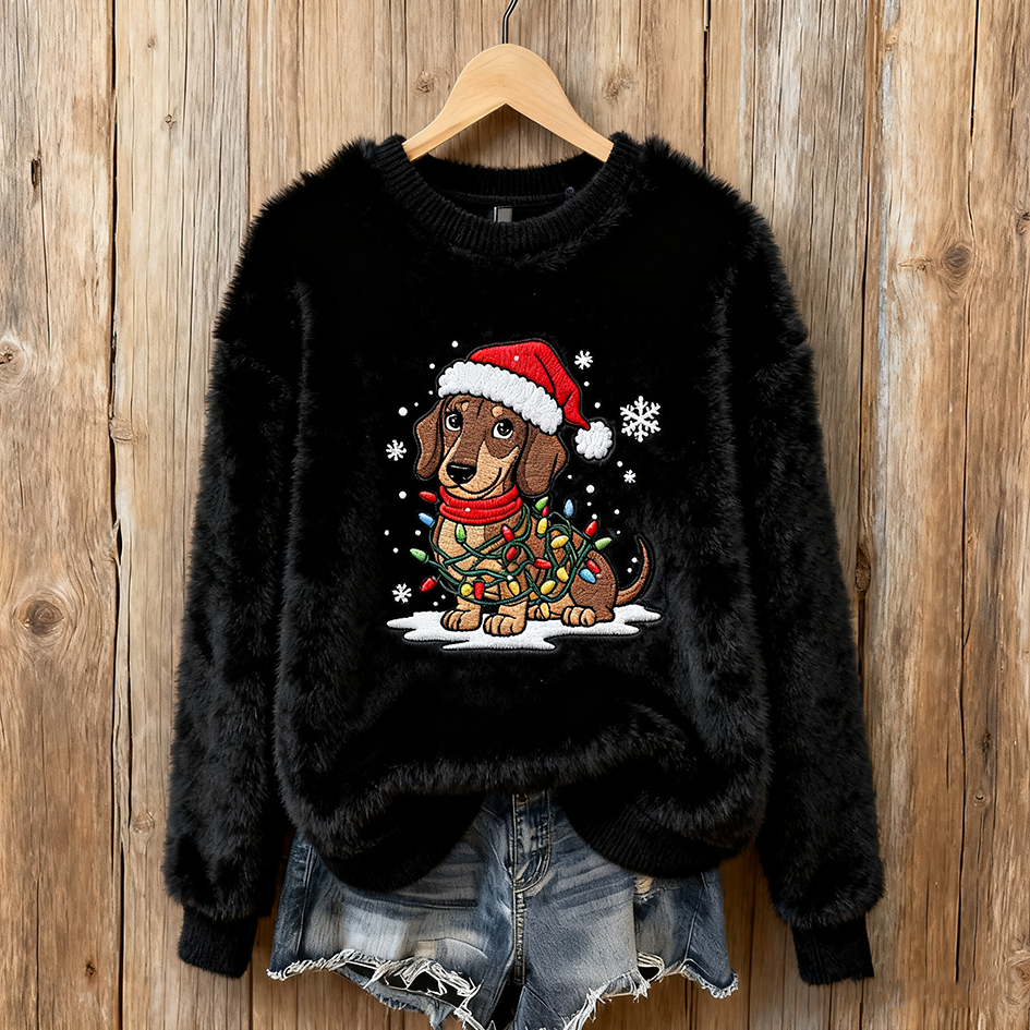 Lady Christmas Winter Warmth Round Neck Flannel Sweatshirt