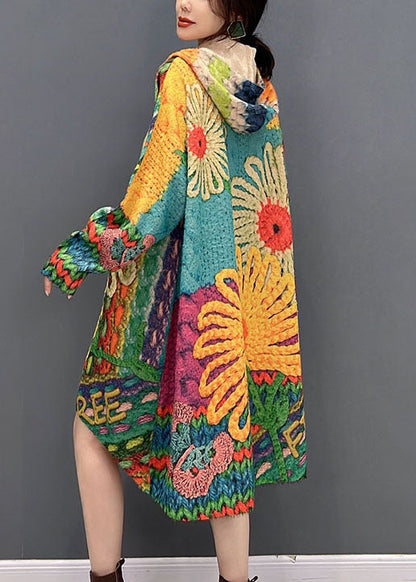 Colorblock Hooded Print Knit Loose Coats Fall