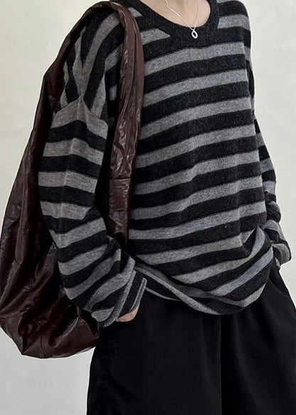 Coffee O-neck Striped Woolen Top Long Sleeve