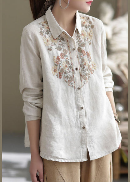 Beige Peter Pan Collar Embroideried Linen Top Spring