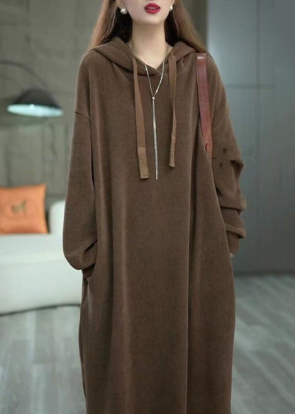 Loose Coffee Hooded Pockets Cotton Long Dress Winter