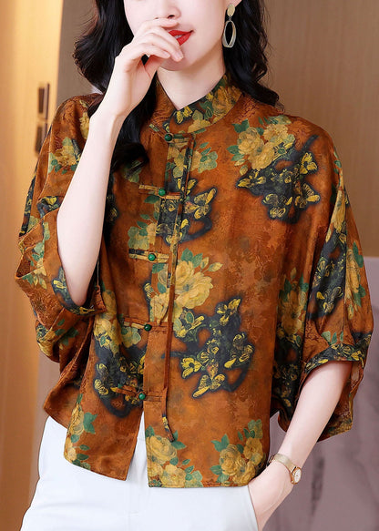 Orange Stand Collar Oriental Button Print Silk Blouses Batwing Sleeve
