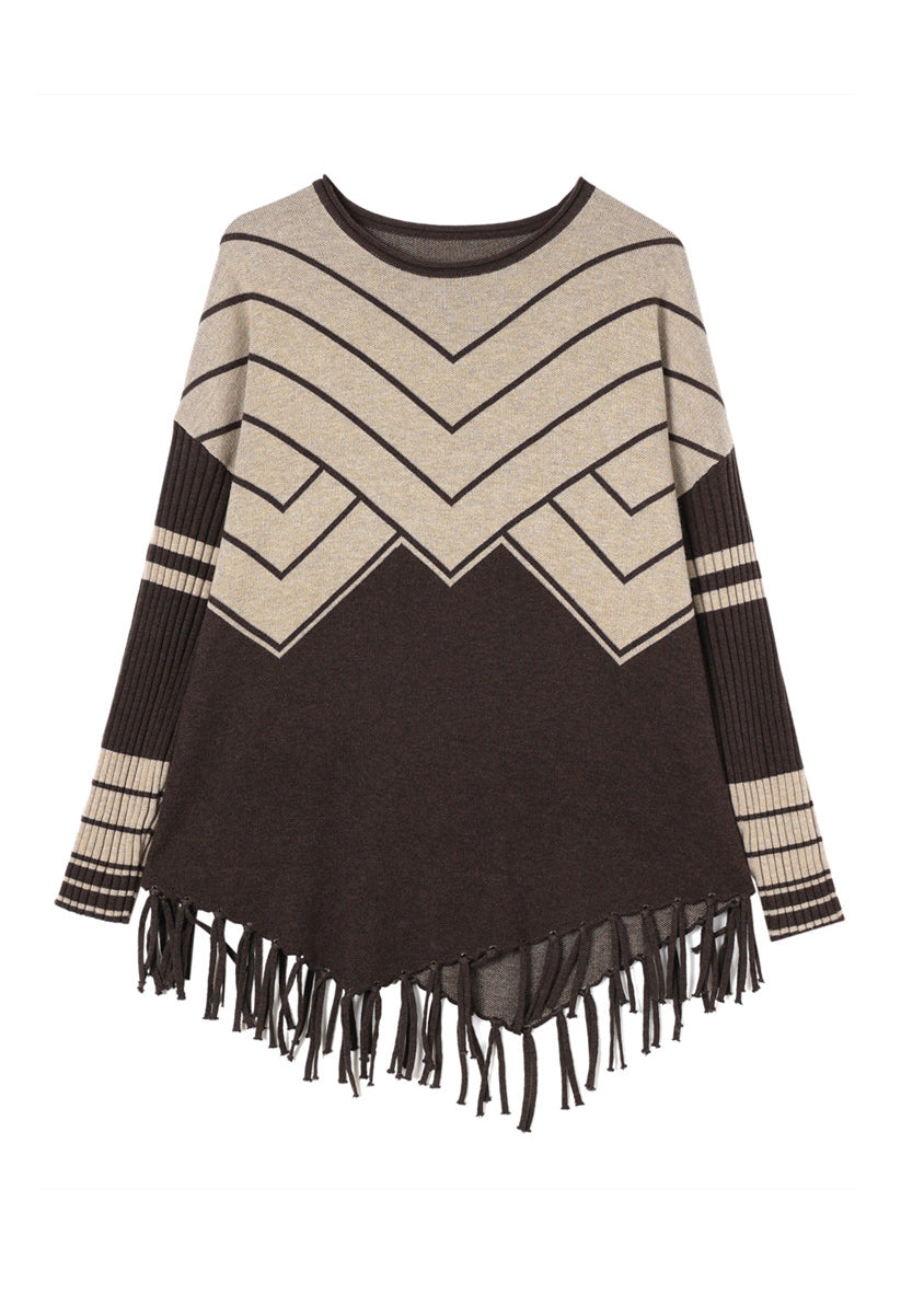 Coffee O Neck Tassel Woolen Sweater Tops Spring