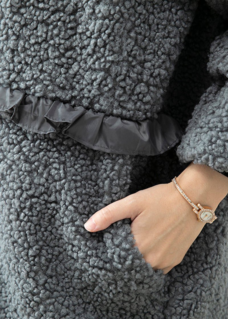 Grey Ruffled Patchwork Faux Fur Coat Winter
