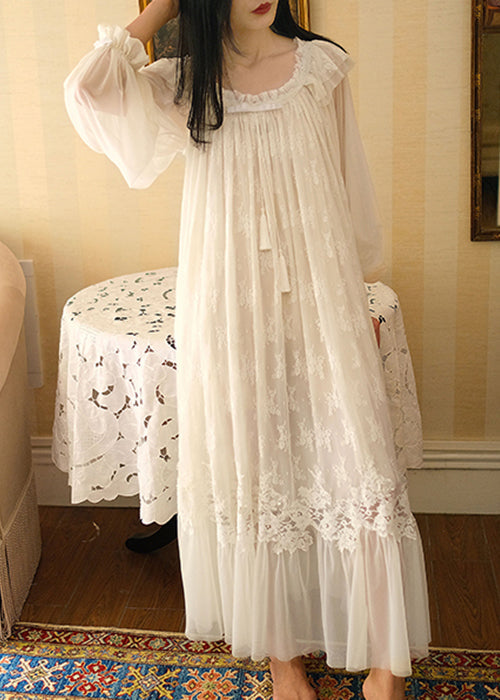 Novelty White Ruffled Lace Tulle Pajamas Long Dress Spring