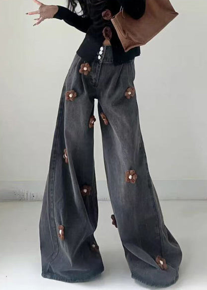 Modern Black Button High Waist Denim Wide Leg Pants Fall