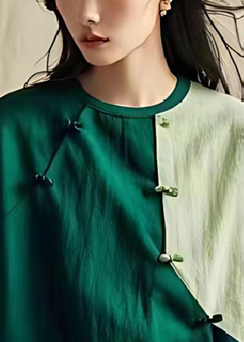 Green Oversized Patchwork Chinese Button Linen Shirt Summer
