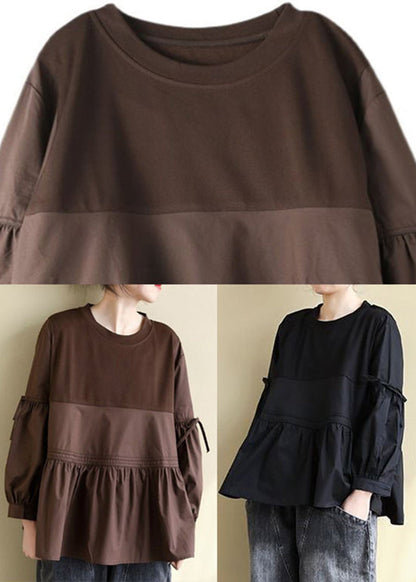 Black O-neck Low High Design Cotton Tops Long Sleeve