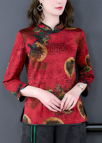 Red Mandarin Collar Chinese Button Print Silk Shirt Top Bracelet Sleeve