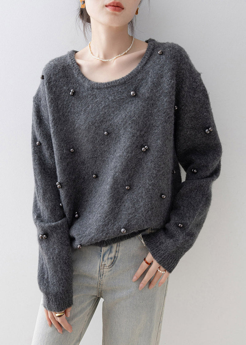 Grey O Neck Nail Bead Knit Sweater Spring