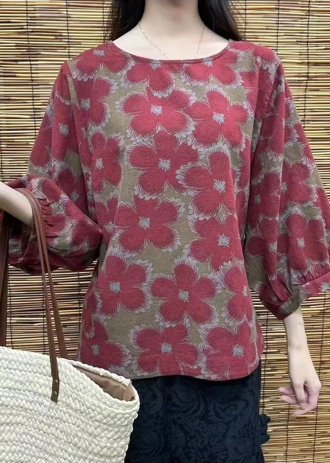 Red O-neck Oversized Print Linen Shirt Bracelet Sleeve