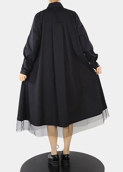 Black Tulle Patchwork Shirt Dresses Button Asymmetrical Design Peter Pan Collar Spring