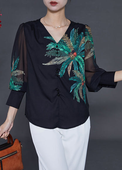 Black V Neck Leaf Print Chiffon Blouses Summer