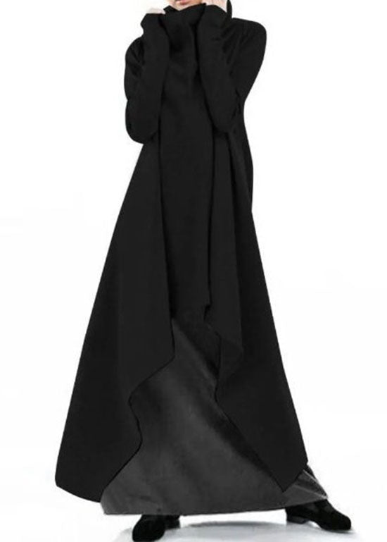 Style Grey Hign Neck Asymmetrical Design Cotton Dress Fall