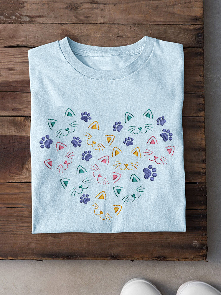 Cute Cat Embroidery Pattern Casual Cotton Short Sleeve T-Shirt elevenforest