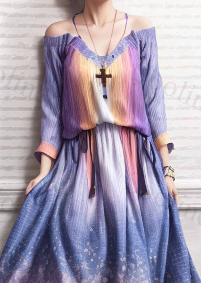 Italian Gradient Purple Cold Shoulder Exra Large Hem Silk Beach Dress Summer