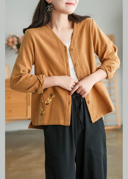 Unique Khaki Side Open Embroideried Fall Long Sleeve Shirt