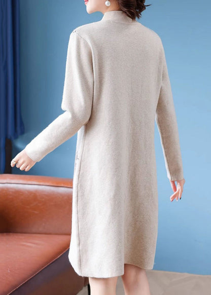Stylish Apricot Stand Collar Button Cotton Knit Long Sweaters Dress Fall