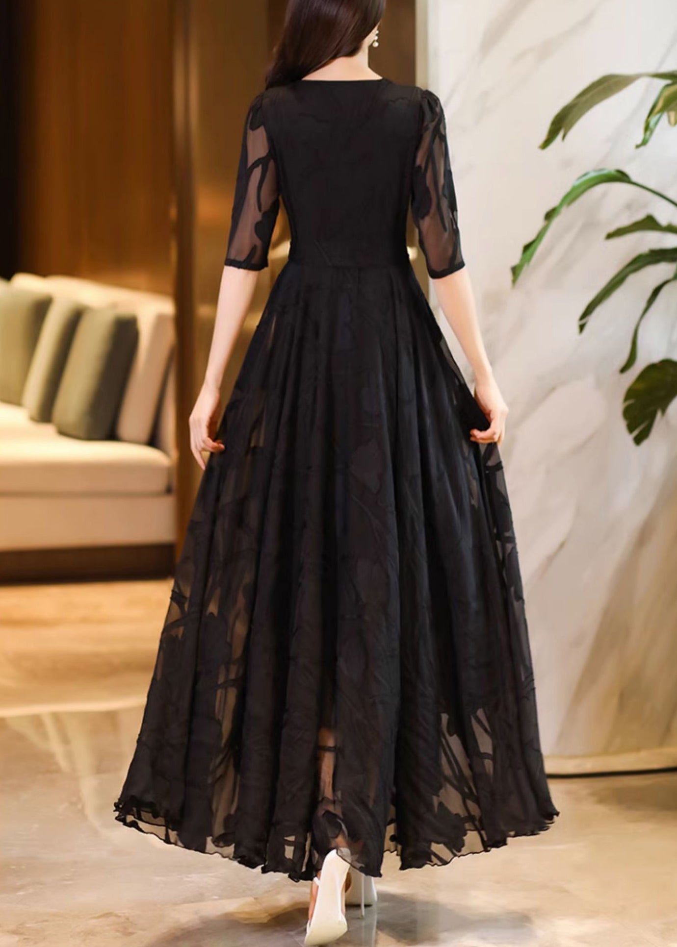 Black V Neck Tie Waist Chiffon Maxi Dresses Summer