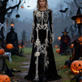 Comstylish Women's Halloween Skull Floral Velvet Crew Neck Maxi Dress
