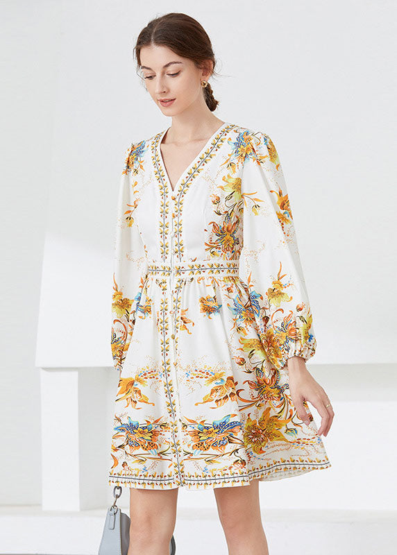 White V Neck Print Chiffon Mid Dress Spring