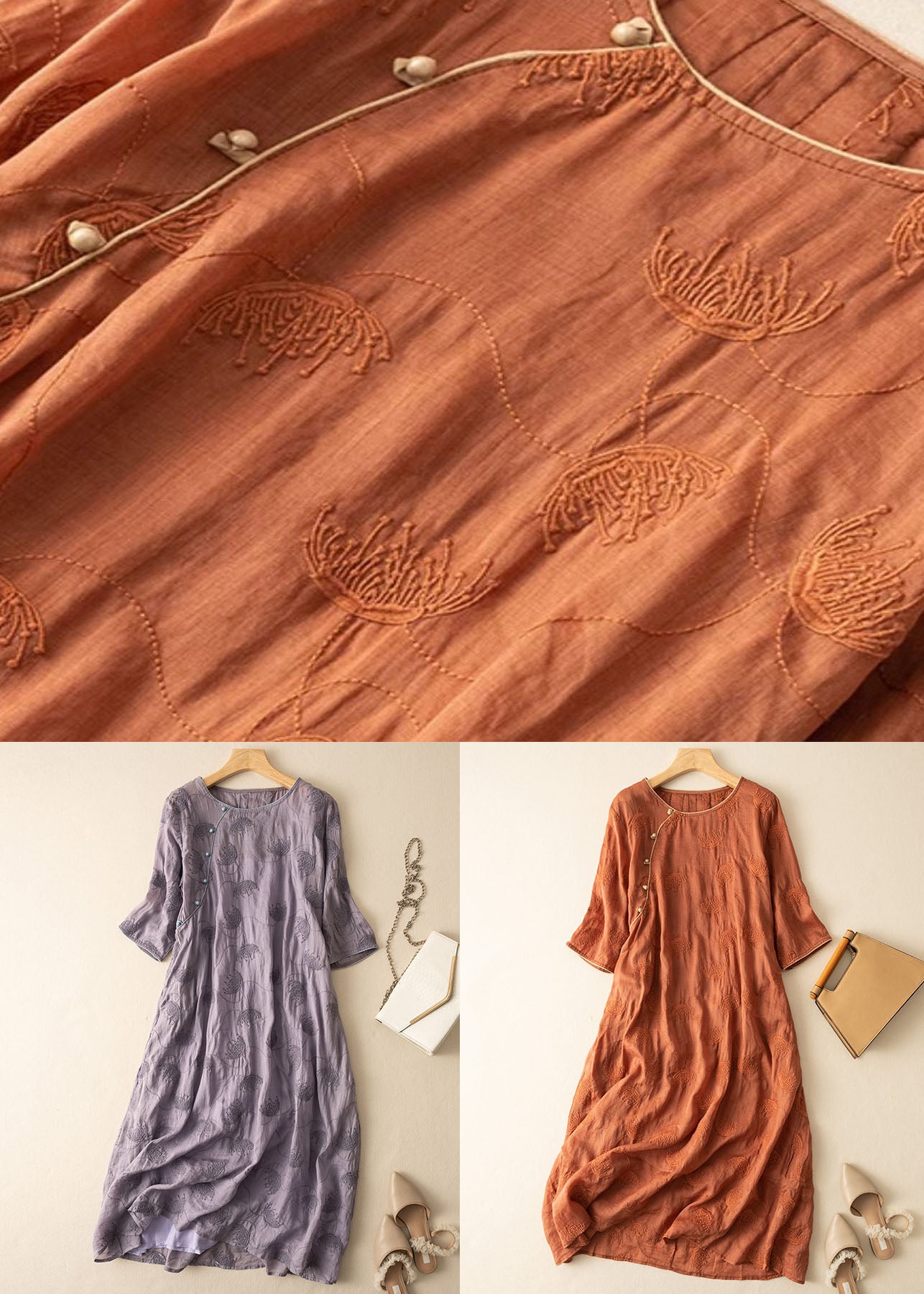 Purple O-neck Embroideried Patchwork Linen Dress Summer