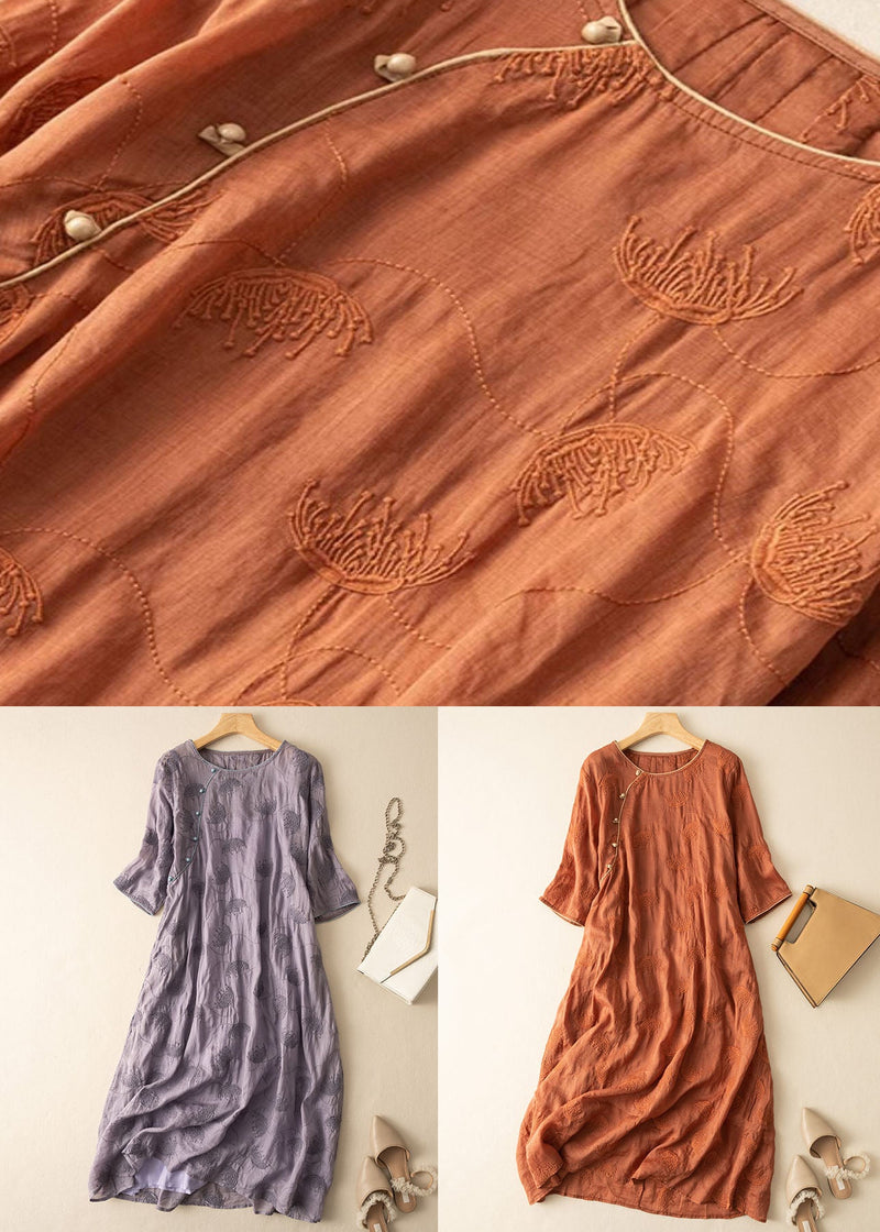 Purple O-neck Embroideried Patchwork Linen Dress Summer