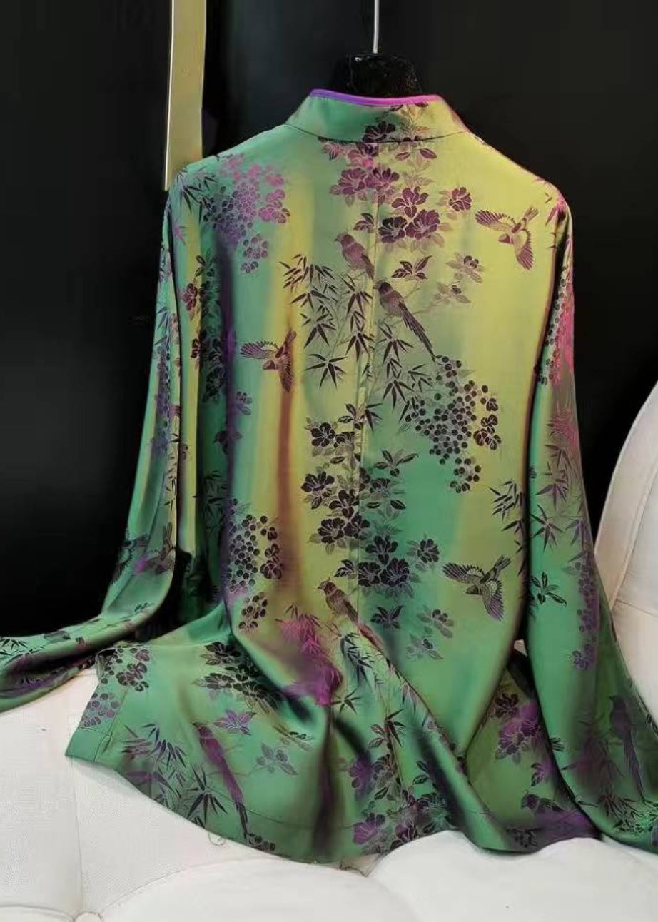 Green Stand Collar Patchwork Jacquard Side Open Silk Shirts Long Sleeved