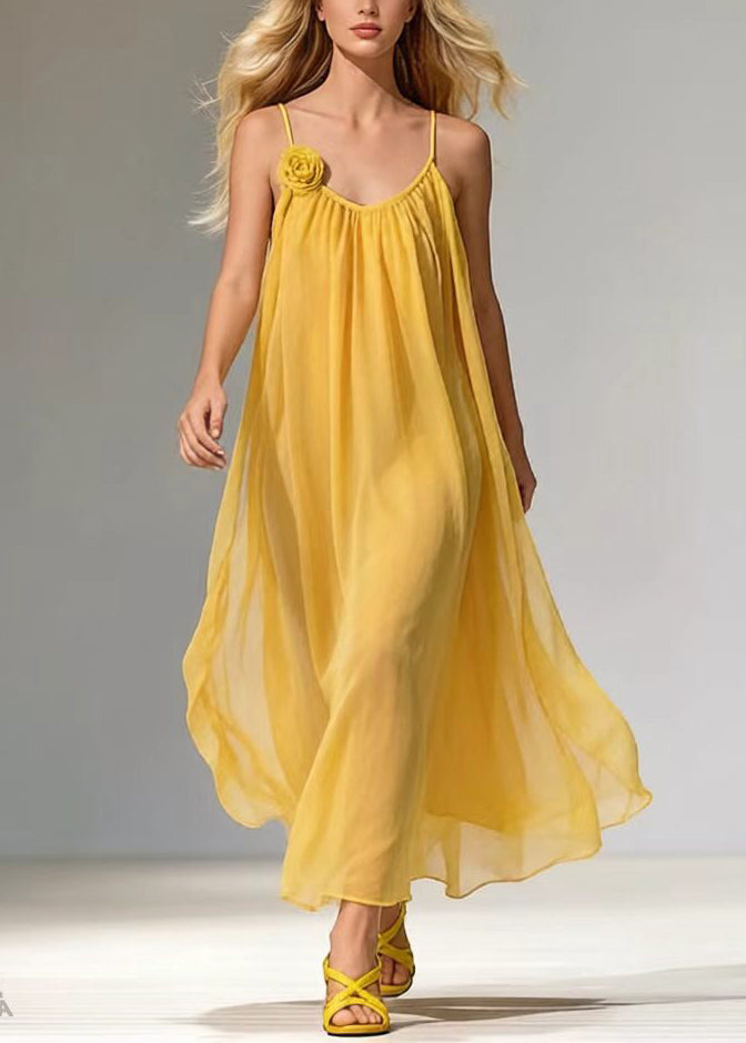 Yellow Decorated Draping Chiffon Maxi Dresses Summer
