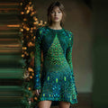 Comstylish Women's Teardrop Christmas Tree Knit Jacquard Round Neck Flared Dress