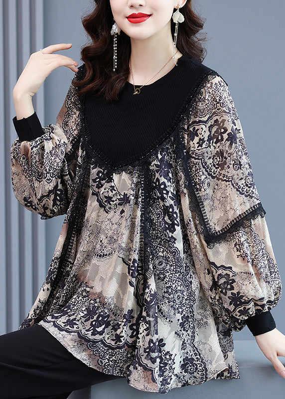 Loose Apricot Retro Jacquard Patchwork Tops Spring