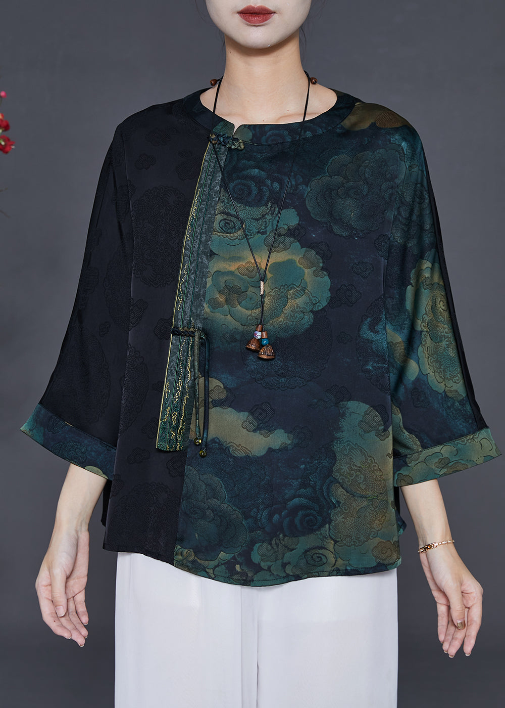 Black Tasseled Patchwork Silk Shirts Bracelet Sleeve