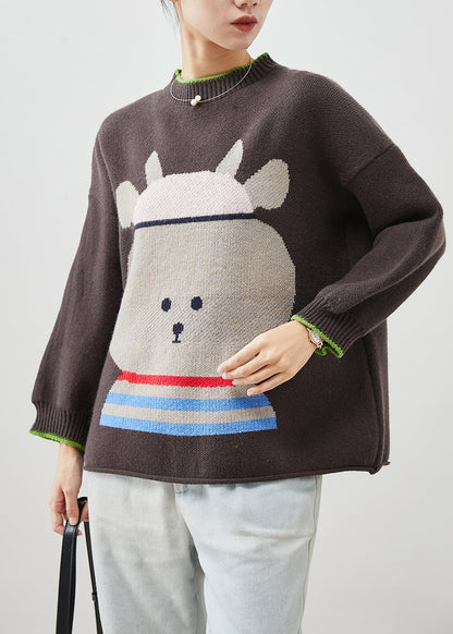 Brown Oversized Cartoon Print Knit Sweaters Winter