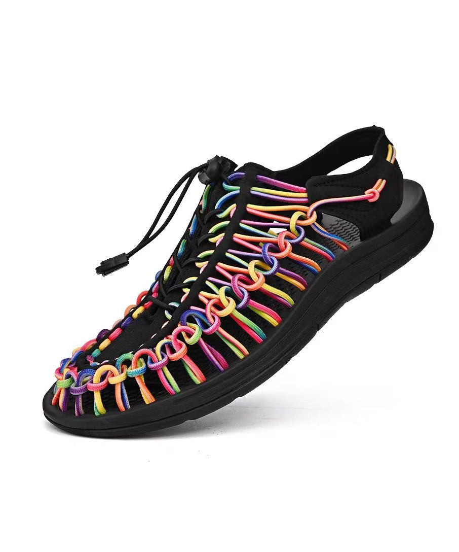 Hollow Out Splicing Beach Flat Sandals Black Knit Fabric