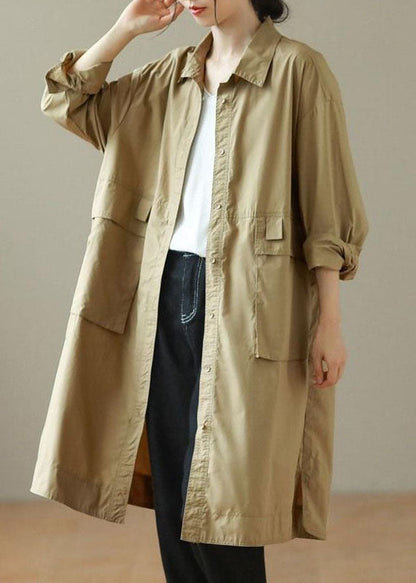 Khaki Peter Pan Collar Mid Trench Coats Long Sleeve