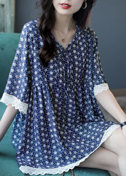 Blue V Neck Lace Patchwork Print Chiffon Top Half Sleeve