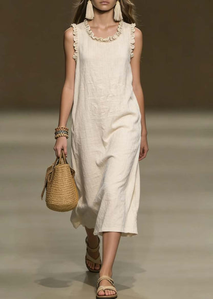 Loose Beige Ruffled Cotton Dresses Summer