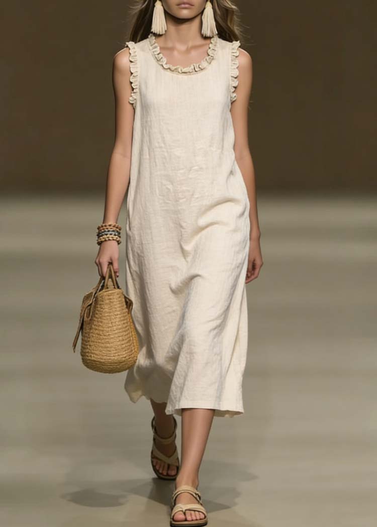 Loose Beige Ruffled Cotton Dresses Summer
