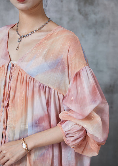 Gradient Color Oversized Lace Up Chiffon Blouses Fall