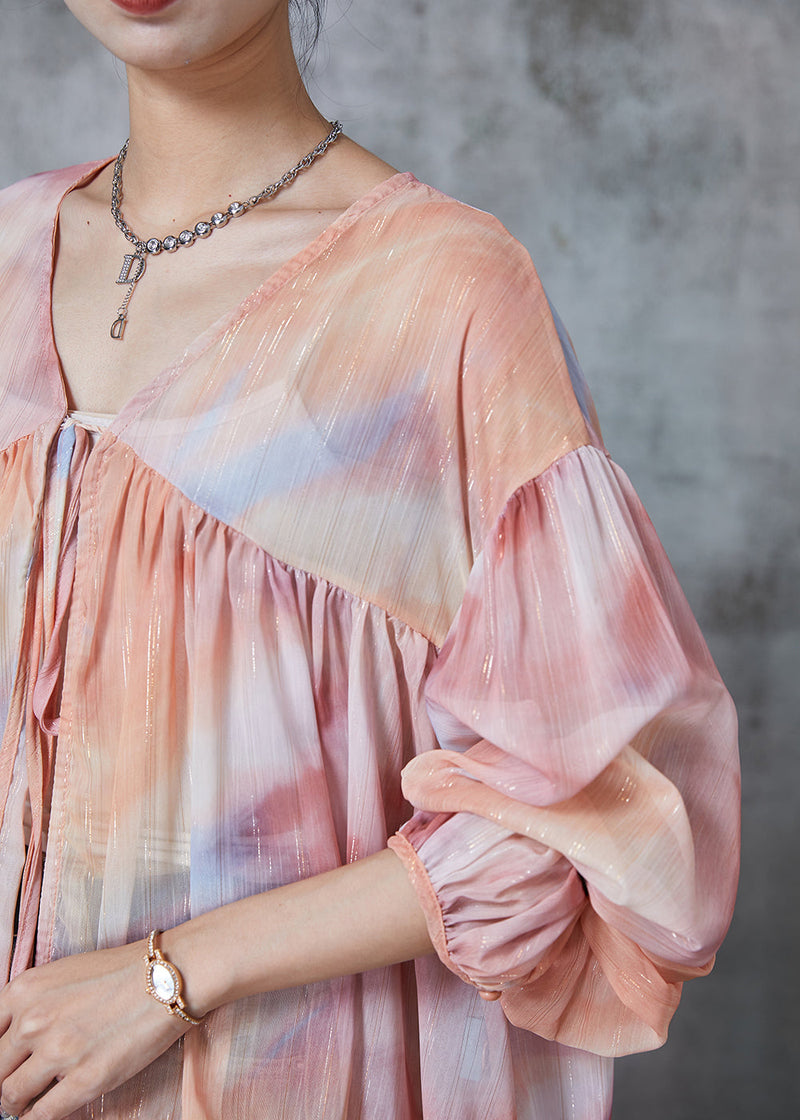Gradient Color Oversized Lace Up Chiffon Blouses Fall