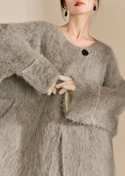 Grey O-neck Woolen Coats and Shorts Two Pieces Set Fall