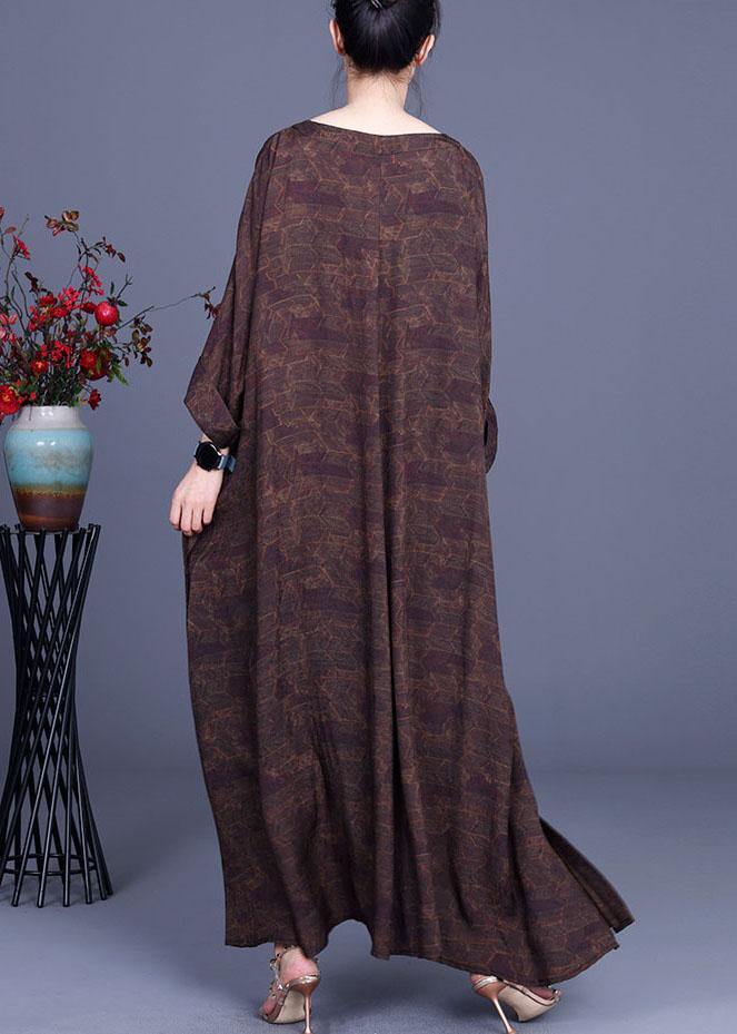 Style Chocolate Print V Neck Side Open Chiffon Dresses Summer