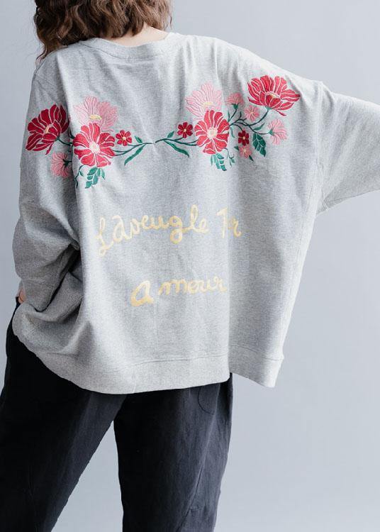 Grey Loose Batwing Sleeve Print Fall Sweatshirt Street Wear