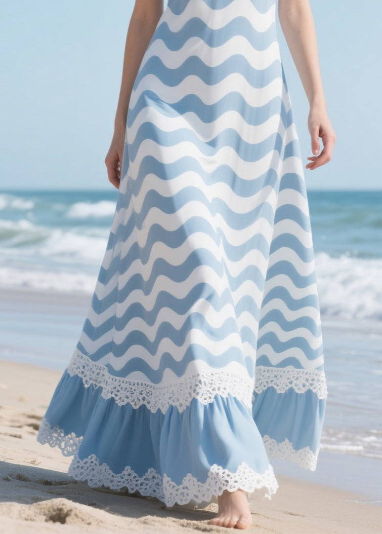 Blue Striped Patchwork Lace Chiffon Vacation Dress Summer