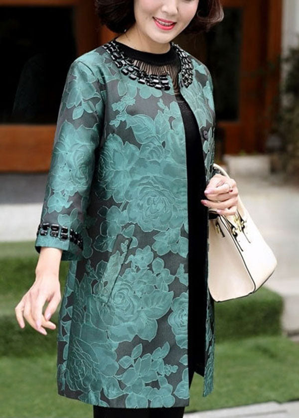 Green O-neck Jacquard Spandex Long Coats Bracelet Sleeve