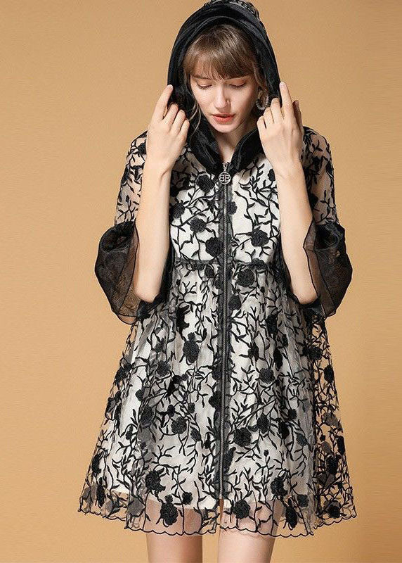 Black Hooded Embroideried Patchwork Organza Coats Half Sleeve