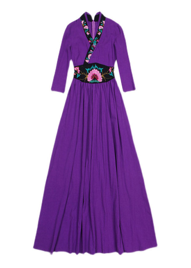 Purple V Neck Embroideried Zippered Wrinkled Maxi Dresses Fall