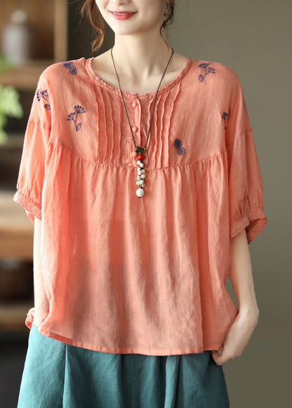 Orange O-neck Embroideried Linen Tops Half Sleeve