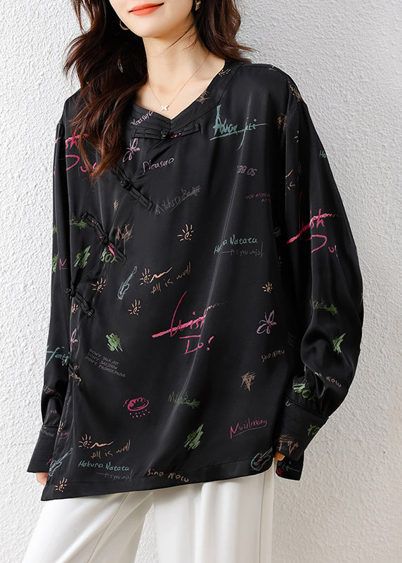 Black Embroidered Print Silk Oriental Blouses Fall