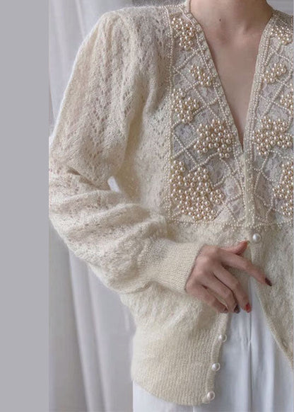 Loose Beige V Neck Pearl Button Thick Ma Hai Mao Knit Coat Long Sleeve